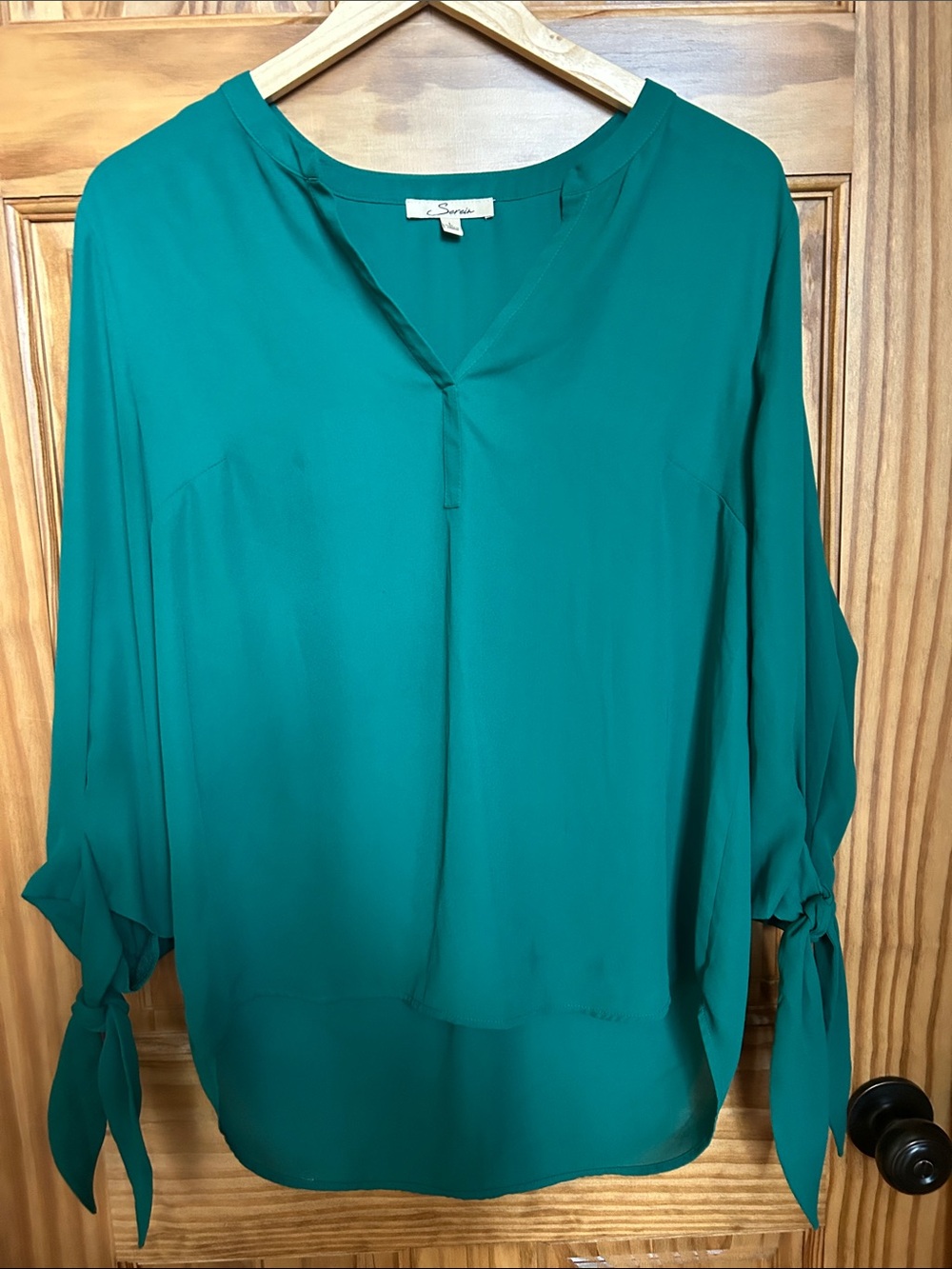 Soprano Teal Tie-Sleeve V-Neck Blouse